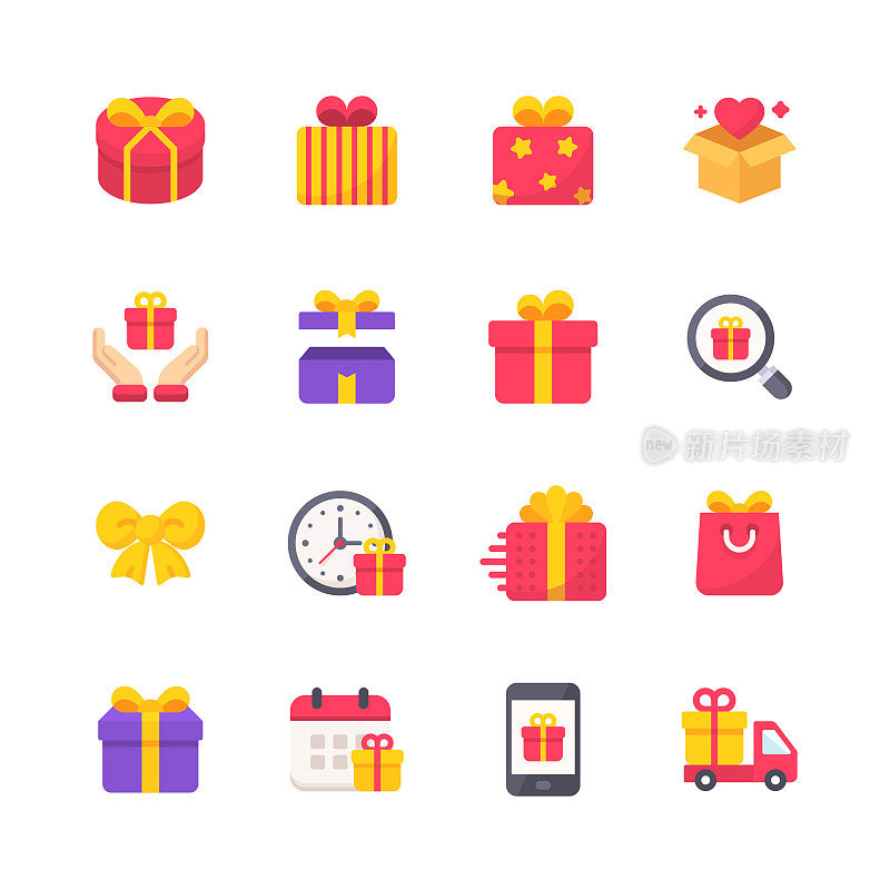 Gift Flat Icons. Material Design Icons. Pixel Perfect. For Mobile and Web. Contains such icons as Gift, Present, Birthday, Love, Friendship, Celebration, Ribbon, Gift Box, Party.